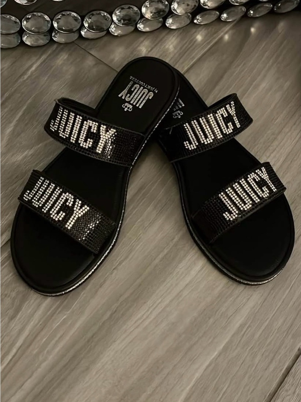 Juicy Couture Black Crystal 'JUICY' Double-Strap Slide Sandals